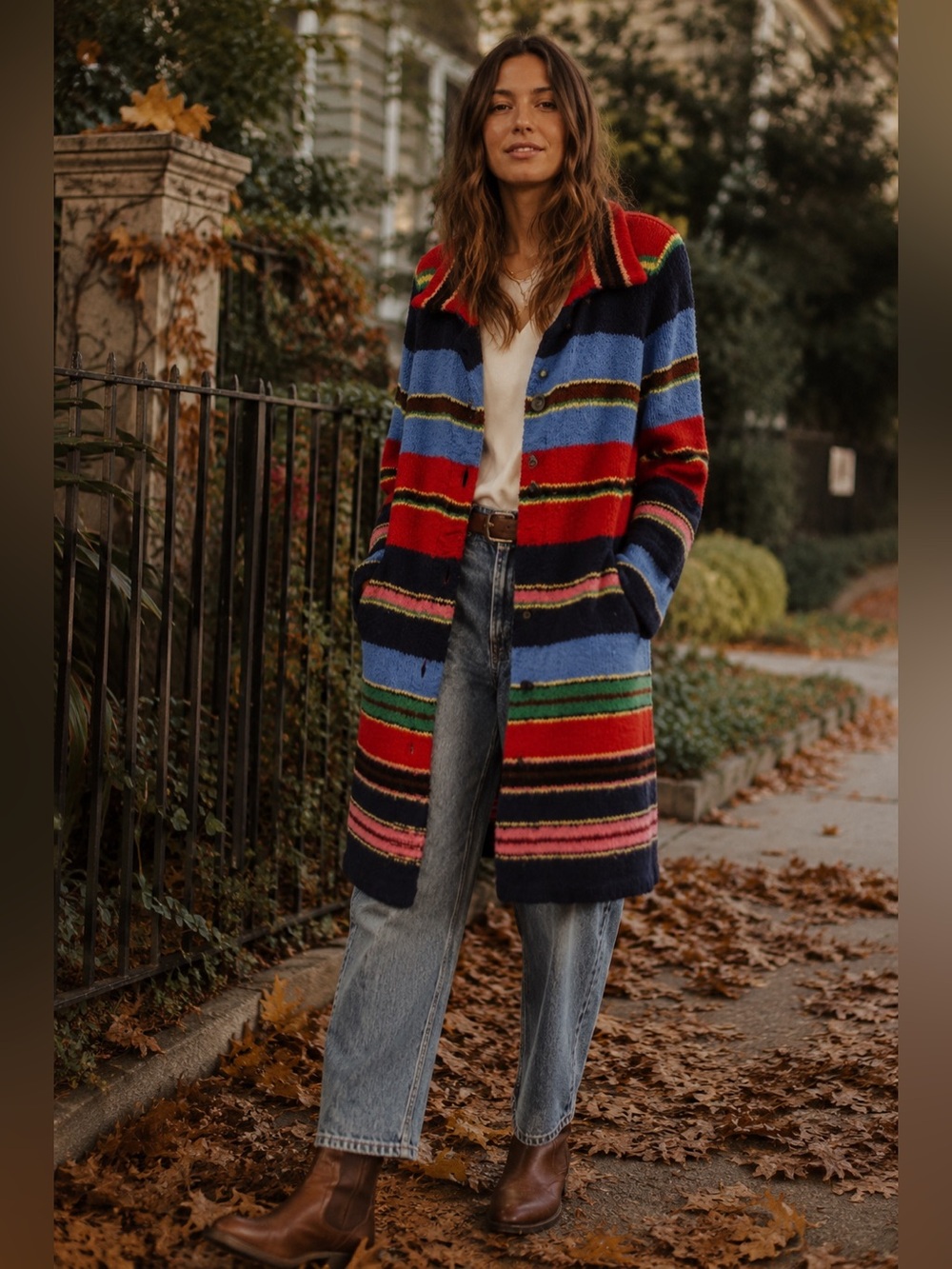 Boston Proper Striped Long Multicolor Wool-Blend Duster Cardigan Sweater Coat L
